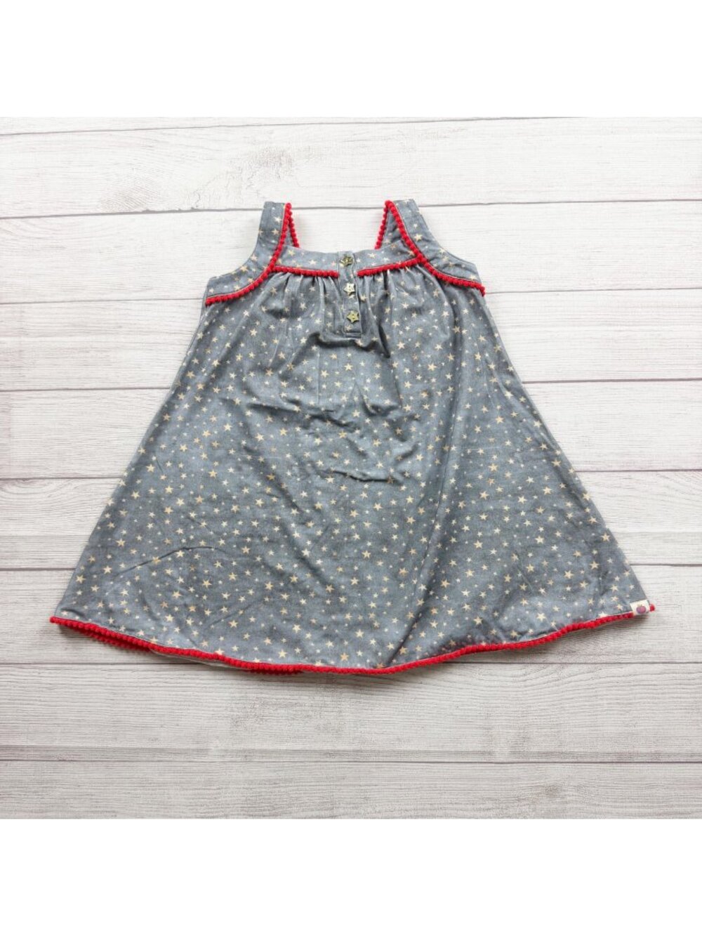 Cheeky Plum Star Print Sleeveless Girls Dress Red Pom Trim 6
